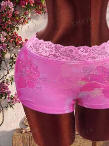 Amplova Summer Floral Print Lace Contrast Color Women's Set Home Pink Floral Sexy - Pink - View 4