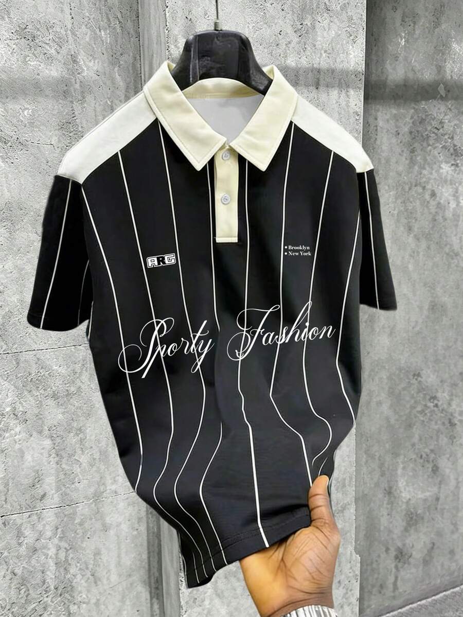 Manfinity Hypemode Kemeja Polo Pria Lengan Pendek Kasual dengan Motif Garis-Garis Cetak Digital dan Kancing Setengah - MultiWarna - View 1
