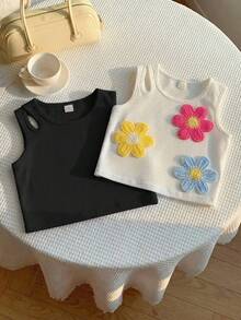 SHEIN 2件組女孩優雅度假風鮮豔3D毛巾刺繡鏤空修身短版背心上衣 - 黑與白 - 查看 2