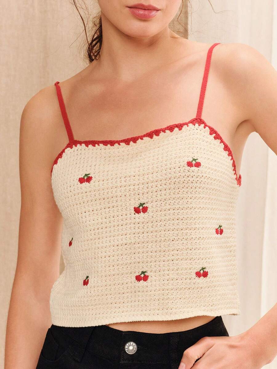 lacRébo 櫻桃紅格紋方領刺繡鉤針編織細肩帶上衣 夏季度假休閒波西米亞風可愛度假風復古棉質野餐上衣 - 杏色 - 查看 1