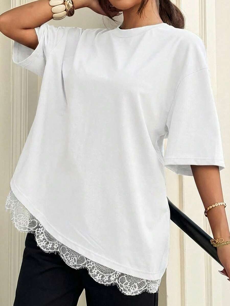 Muchica Plus Size Women White Round Neck Drop Shoulder Lace Patchwork Loose Top - White - View 1
