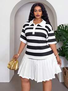 Veslaya Plus Size Women's Color Block Pleated Casual Party Graduation Short Sleeve Dress Back-To-School Black And White Summer - Multicolor - View 4