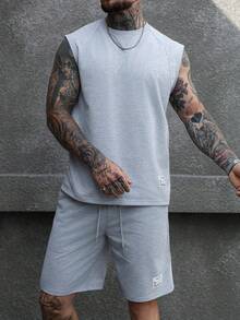 Manfinity Homme Men's Plus Size Summer Casual Minimalist Solid Color Loose Round Neck Tank Top And Shorts Set - Grey - View 4