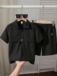 SHEIN Set da 2 pezzi per ragazzi pre-adolescenti, camicia casual con colletto e mezza chiusura lampo a maniche corte & pantaloncini, outfit nero e grigio estivo adatto per scuola, matrimonio, festa delle vacanze - Bianco e nero - View 2