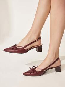 CUCCOO CHICEST Burgundy Pointed Bow Slingback Thick Heel Sandals, Workplace Commuting Temperament Shoes - Bang Yi burgundy - View 2