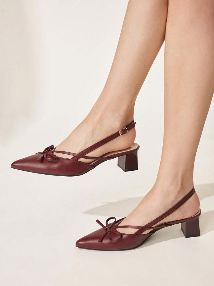 CUCCOO CHICEST Burgundy Pointed Bow Slingback Thick Heel Sandals, Workplace Commuting Temperament Shoes