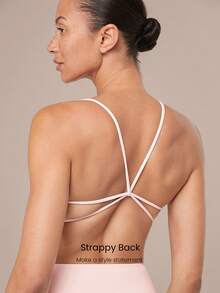 GLOWMODE FeatherFit™ Get Low Ultra-Thin Crossover Back Straps Sports Bra Low Impact Yoga Pilates Studio Daily Casual Wear Removable Cups Spring Summer - Pink - View 3