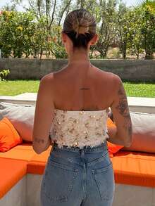 Mélanie ORL Áo bandeau đính sequin và lông vũ cho nữ, Thu/Đông - Màu be - Xem 2