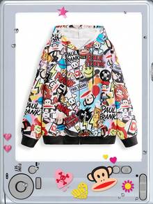 Paul Frank X ROMWE Plus Size Women's Casual Fashion Street Chic Graffiti Cartoon Print Zip-Up Drawstring Hooded Loose Sweatshirt, Spring/Autumn - Black - View 2