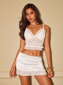 SHEIN ICON Saia Elegante de Verão Feminina com Patchwork de Renda em Cor Sólida - Branco - Visão 7