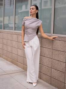 Andrea Bello New Minimalist Fashion Versatile Gray Asymmetrical Neck Pleated Decor Cinched Waist Pullover Fitted Short Sleeve Blouse Summer - Light Grey - View 6
