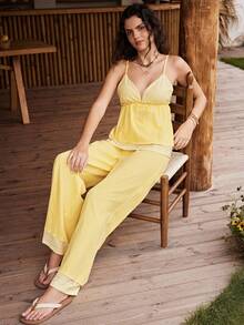 Lullawish Bohemian Casual Comfortable Young Hollow Floral Knit Fabric Patchwork Contrast Color Cotton Blend Camisole Women Pajama Set Sleeping Yellow Summer - Yellow - View 6