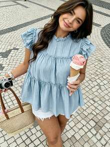 Vionelle Plus Size Women's Solid Color Loose Ruffle Patchwork Doll Blouse - Mint Blue - View 3