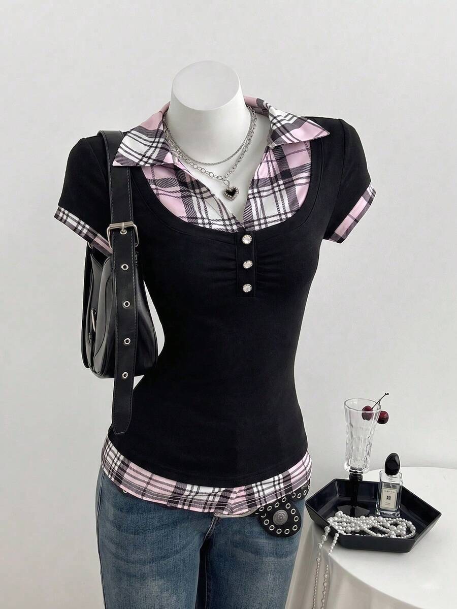 Elamini Women's Summer Casual Plaid Patchwork Shirt Collar 2 In 1 Short Sleeve Slim Fit T-Shirt - Black - View 1