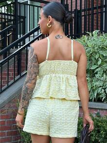 SAYEHFBABY Summer Holiday Outfits  Women's Floral Jacquard Ruffle Hem Camisole Top And Shorts 2 Pieces Set Yellow Two Piece Sets - Yellow - View 2