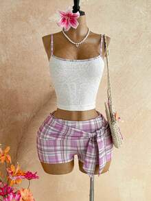 Soleia Women's Vacation Casual Jacquard Camisole & Plaid Shorts 2 Pieces Set - Multicolor - View 10