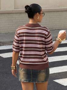 Muchica Plus Size Colorblock Striped Short Sleeve Knit Top - Brown - View 3