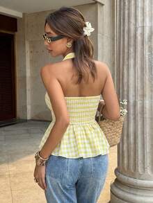 SHEIN PariChic French Elegant Twisted Knot Ruched Plaid Halter Neck Tank Top - Yellow - View 2