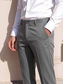 Officeau Men's Suit Pants, Fashionable Casual Straight Leg Trousers, Loose Minimalist Style, Solid Color Wrinkle-Resistant Straight Leg Pants - Grey - View 8