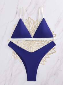 Swim Mod Women's Summer Beach Color Block Sexiest Bikini Two-Piece Swimsuit Set Navy Blue - Multicolor - View 2
