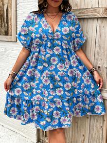 Ceyna Vestido de verano de manga corta con cuello en V profundo y estampado floral para tallas grandes - Azul - Ver 3