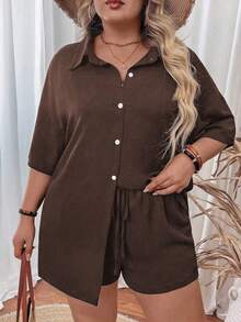 SHEIN LUNE 2件大码女式宽松休闲纯色衬衫套装 - 棕色 - 查看 4