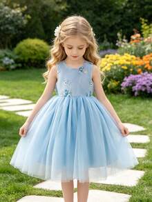 SHEIN Elladie kids 少女蓝色无袖珍珠蝴蝶结网纱罩衫连衣裙，适合晚宴、生日派对、演出、夏季等场合。 - 藍色 - 查看 6