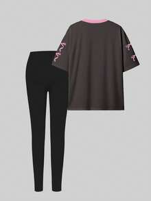 Bộ đồ nữ áo thun tay ngắn và quần legging in họa tiết khẩu hiệu vui nhộn màu vàng đen tương phản sáng tạo thời trang thường ngày, đa năng cho mùa thu - Nhiều màu - Xem 2