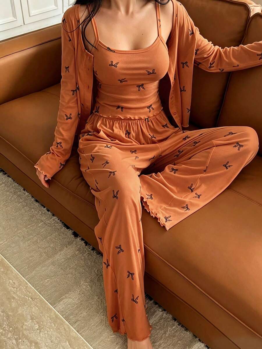 DAZY 3pcs Bow Print Allover Allover Print Camisole And Pants Women Pajama Set - Orange - View 1