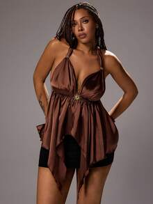 Rustia Plus Size Women's Solid Color Halter Neck Tie Metal Decor Sexy Elegant Versatile Date Night Concert Party Outing Top Chocolate Brown Summer - Coffee Brown - View 6