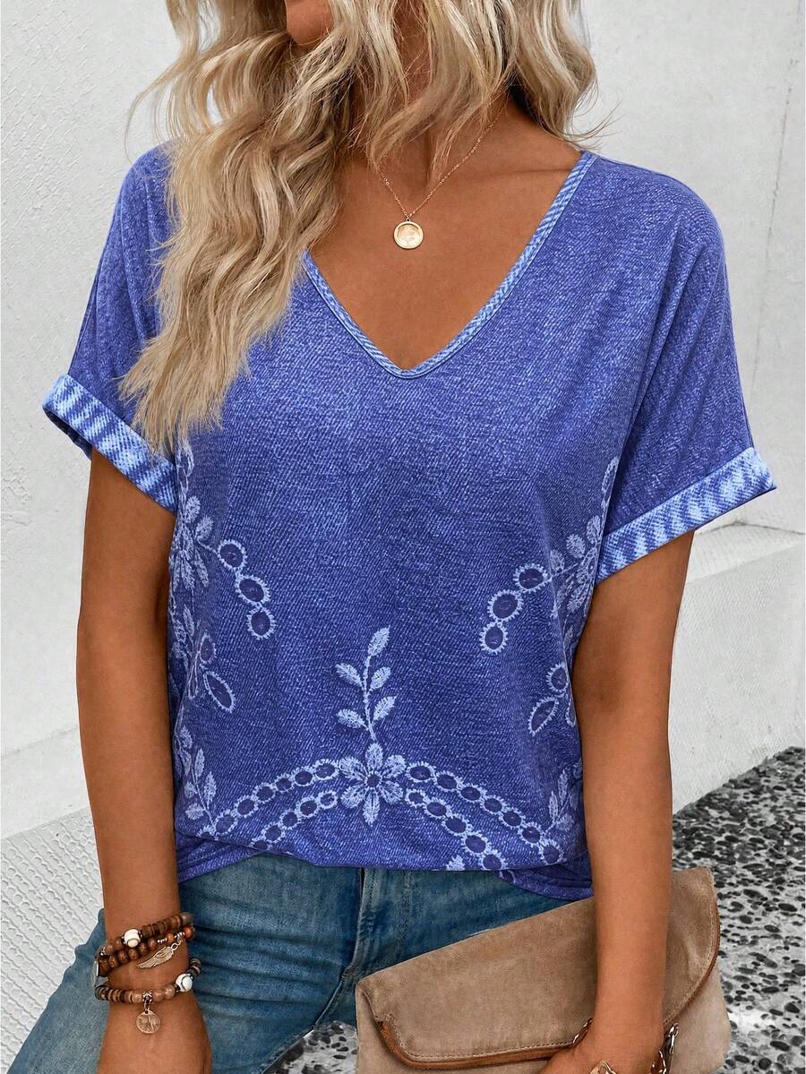 EMERY ROSE New V-Neck Short Sleeve T-Shirt For Women, Faux Leather Texture Print - Multicolor - View 1