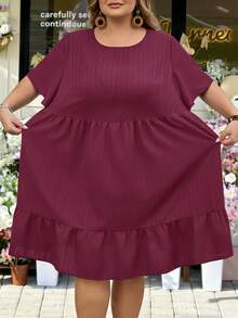 SHEIN CURVE+ Curve 大碼 US22 音樂節海邊度假波希米亞風 西方狩獵風休閒純色短袖洋裝 夏季女裝 復活節穿搭 - 酒紅色 - 查看 3