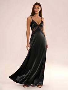 Avenya Women's Elegant French Lace Patchwork Satin Camisole Dress Vacation Black Summer - Black - View 4