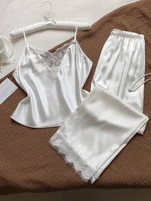 Comfortcana Contrast Lace Cami Top & Pants PJ Set / Pajama Set White Set White Sets - White - View 3