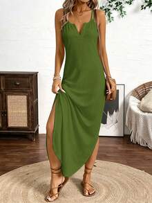 Breezaya Vertical Striped Multi-Colored Spaghetti Strap Dress Maxi Women Outfit - Olive Green - View 5