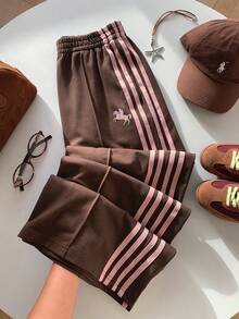 Muchica Patchwork Striped Elastic Waist Brown Checkered Knit Wide Leg Sweatpants Daily Summer Sporty - Multicolor - View 6