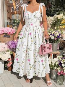 SHEIN MOD 大码女式碎花系带露肩优雅中长连衣裙，适合度假、夏季、休闲穿搭、复古风、乡村风、外出、教师装、约会、野餐、派对、舞会、节日、生日等场合，也可作为田园风、下午茶、挤奶女工风、法式风或碎花连衣裙穿着。 - 彩色 - 查看 6