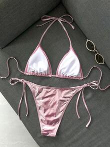 Swim Mod 2026春夏細肩帶金屬感掛脖綁側高衩丁字褲比基尼套裝，性感女款兩件式泳衣，適合遊艇派對 - 粉色 - 查看 2