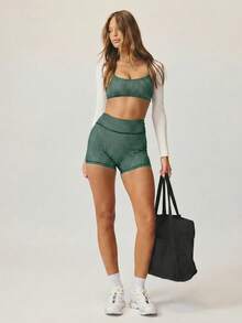 Aralina Leisurewear Plaid Gingham Printed Cropped Cami Top And High Waisted Short Two Pieces Active Gym Workout Set - Dark Green - View 6