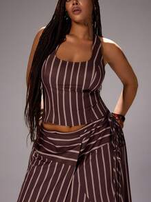 Rustia Plus Size Women Summer 2-Piece Set: Striped Halter Crop Top And Asymmetric Hem Skirt - Multicolor - View 3