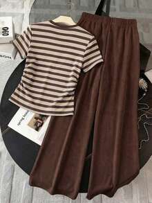 Resyla 2pcs Set: Vintage Casual Basic Striped Print Round Neck Ruched Hem Top + Wide Leg Pants, Coffee & Beige - Multicolor - View 2