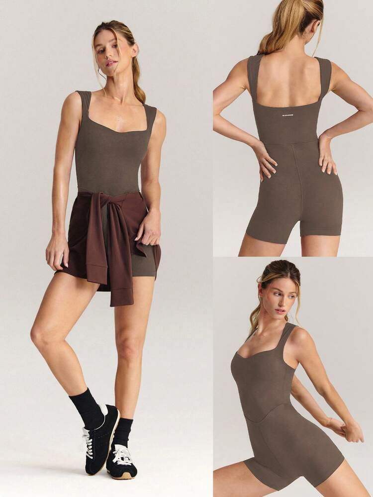 4.3" FeatherFit™ Ready, Set, Strut Buttery-Soft Sweat-Wicking Stretchy Tummy Control Sweetheart Neckline Removable Cups Bodysuit Romper Low Impact Yoga Pilates Studio Gym Workout Daily Wear