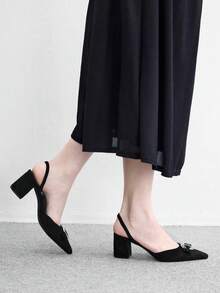 CUCCOO BIZCHIC Black Suede Pointed Back Empty Mullers, Rhinestone Buckle Thick Heel With Sandals - Black 6 - View 4