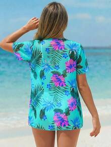 Vaclyn Bộ đồ bơi bikini in họa tiết cây nhiệt đới dành cho nữ kèm áo choàng kimono phù hợp cho bãi biển mùa hè - Màu xanh Bạc hà - Xem 2