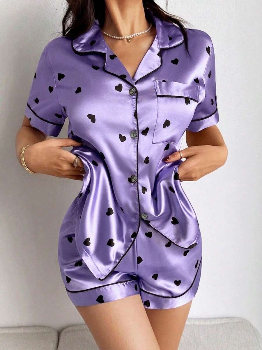 Napfluff Women's Minimalist Soft Pink & Black Heart Print Short Sleeve Pajama Set With Collar - Purple - View 1