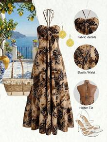 Gownix Leopard Print Backless A-Line Maxi Dress, Suitable For Vacation Beige Summer Tropical Beach - Brown - View 3