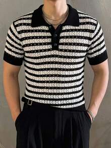 DAZY 男士短袖黑白條紋 Polo 領針織上衣 夏季款 - 彩色 - 查看 3