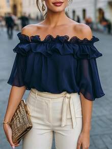 Velvienne Áo blouse nữ size lớn dệt kiểu regular fit mùa hè phong cách Pháp vintage thanh lịch đi làm trễ vai bèo nhún voan chiffon tay ngắn màu xanh - Nhiều màu - Xem 1