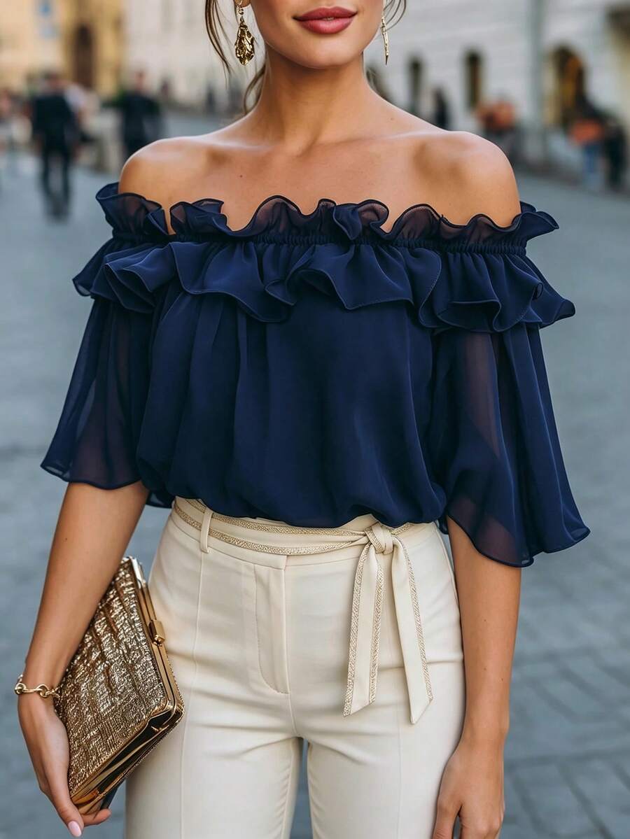 Velvienne Áo blouse nữ size lớn dệt kiểu regular fit mùa hè phong cách Pháp vintage thanh lịch đi làm trễ vai bèo nhún voan chiffon tay ngắn màu xanh - Nhiều màu - Xem 1