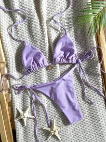 SHEIN Swim Mod-D 2件組 春夏度假純色亮面亮片貝殼裝飾前中貝殼裝飾三角杯胸罩與側綁比基尼褲性感比基尼套裝 - 淡紫色 - 查看 3
